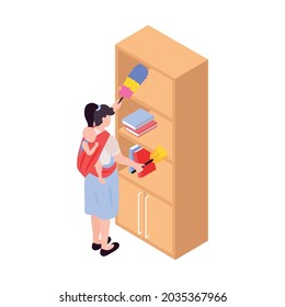 Isometric icon with super mom dusting furniture with her baby in sling 3d vector illustration