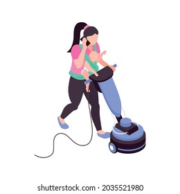 Isometric Icon With Super Mom Mopping Floor Talking On Phone Holding Baby In Sling 3d Vector Illustration