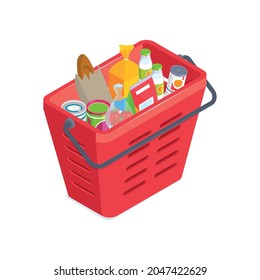 Isometric icon with supermarket shopping basket full of products vector illustration