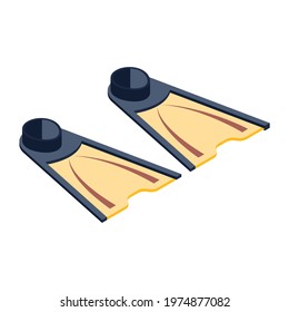 Isometric icon of swimming fins, scuba and deep dive equipment