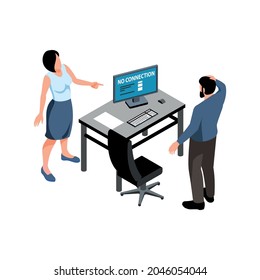 Isometric Icon With Sysadmin Going To Fix Internet Problem In Office Vector Illustration