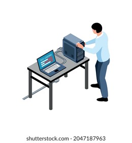 Isometric icon with sysadmin testing hardware 3d vector illustration