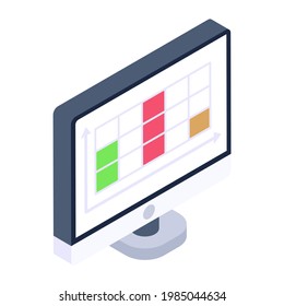 Isometric icon of table graph, online analytics 