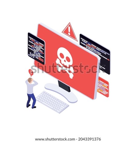 Isometric icon with terrified human character and computer virus 3d vector illustration