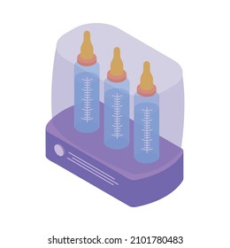 Isometric icon with three baby bottles in sterilizer 3d vector illustration