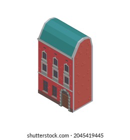 Isometric icon with three storeyd brick suburban building on white background vector illustration