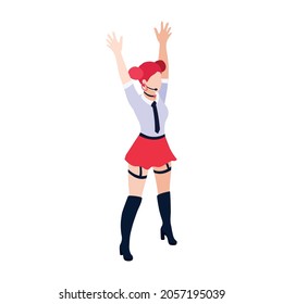 Isometric Icon With Trendy Female Kpop Singer With Hands Up 3d Vector Illustration