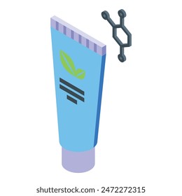 Isometric icon of a tube with organic leaf symbol, symbolizing natural skincare products