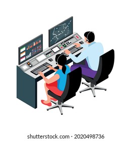 Isometric icon with two air traffic controllers at work 3d vector illustration