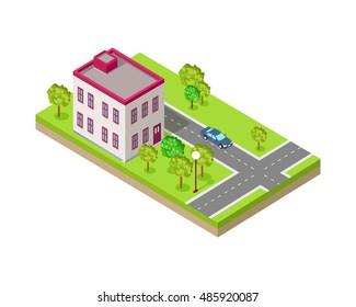 Isometric icon of two storey house near the road. Building house architecture, street of urban town, map and construction, residential office or home. Vector illustration in flat style design.