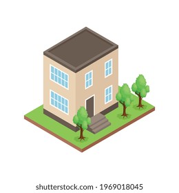 Icono isométrico de una casa de dos pisos con ilustración vectorial de jardín