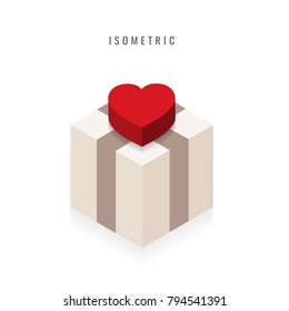 isometric. icon. Valentine, red heart in box, vector symbol in style isolated on white background.