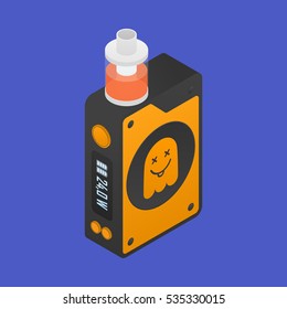 Isometric Icon of Vape device with ghost silhouette. Electronic cigarette with e-liquid. Vector Vaping symbol. Box mod with Rebuildable tank atomizer, clearomizer, cartomizer. Vector illustration