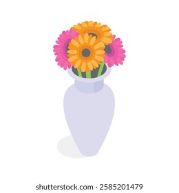 An isometric icon of a vase filled with a vibrant bouquet of orange and pink gerbera daisies