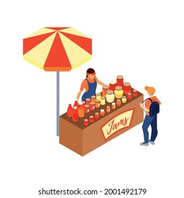 Isometric icon with vendor selling various jams at market stall 3d vector illustration