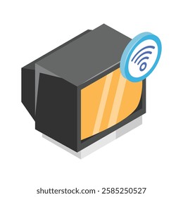 Isometric icon of a vintage style television with a wireless signal