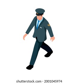 Isometric icon with walking male character of pilot 3d vector illustration