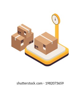 Icono isométrico con escalas de almacén y tres cajas de diferente tamaño en ilustración vectorial de fondo blanco