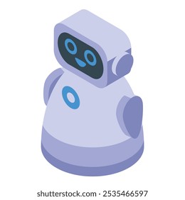 Isometrisches Symbol eines weißen Chatbots, der mit digitalem Gesicht lächelt