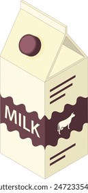 An Isometric icon of a white milk carton with a spotted cow label on the front.