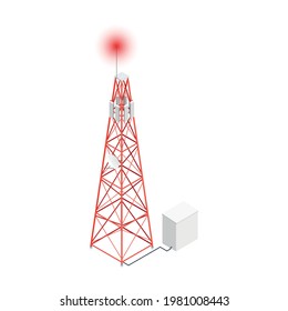 Icono isométrico con antena inalámbrica torre de telecomunicación en ilustración vectorial de fondo blanco