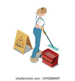 Isometric Icon Of Woman Cleaner With Mop And Yellow Wet Floor Sign 3d Vector Illustration