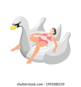 Isometric icon with woman lying on big inflatable swimming ring in shape of swan vector illustration