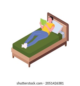Isometric icon with woman lying on bed and reading book vector illustration