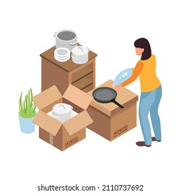 Isometric icon with woman packing utensils into cardboard boxes during relocation 3d vector illustration