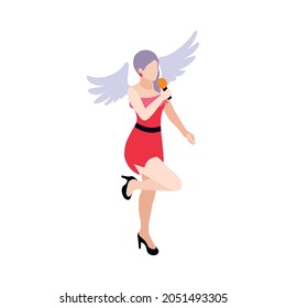 isometric icon with woman pop singer wearing red dress and wings 3d vector illustration