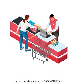 Isometric Icon With Woman Putting Products On Conveyor Belt At Supermarket Cashdesk 3d Vector Illustration