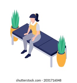 Isometric icon with woman sitting on bench in public place hall or reception vector illustration