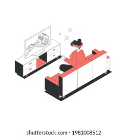 Isometric icon with woman wearing vr glasses playing game on tv vector illustration