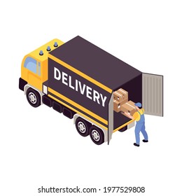 Isometric icon with worker loading carboard boxes into delivery truck 3d vector illustration