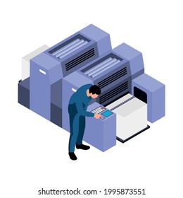 Isometric icon with worker turning on printing machine vector illustration