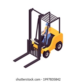 Isometric icon with worker in uniform driving warehouse forklift 3d vector illustration