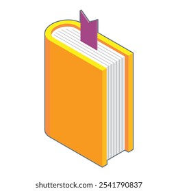 Isometric icon of yellow book with purple bookmark.