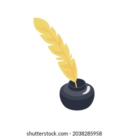 Isometric icon with yellow feather in black inkpot 3d vector illustration