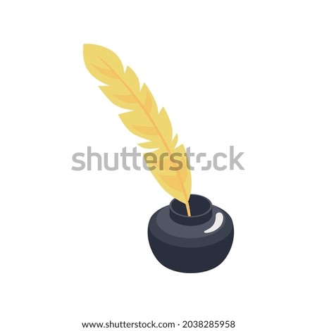 Isometric icon with yellow feather in black inkpot 3d vector illustration
