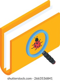 An isometric icon of a yellow folder with a magnifying glass over a ladybug, representing debugging, bug fixing, or searching for errors.