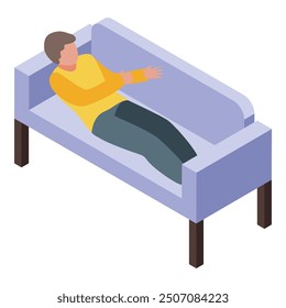 Isometric icon of a young man lying relaxing on a comfortable sofa at home