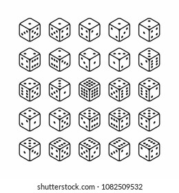 Isometric icons of 3d dice set. All 24 possible turns, vector illustration