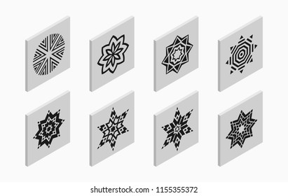 Isometric icons with abstract symmetric symbols. Flat 3D tiles, geometric logos, isolated on light gray background. Vector illustration.