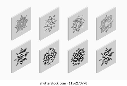 Isometric icons with abstract symmetric symbols. Flat 3D tiles, geometric logos, isolated on light gray background. Vector illustration.