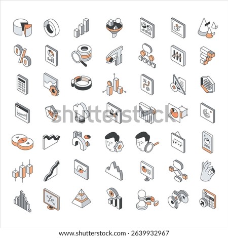 Isometric icons for analysis, charts, graphs, and business finance tools. Vector infographic elements on white background, perfect for data visualization and creative projects.