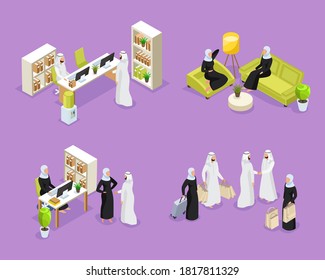 Isometric icons with arab women and arab men. Arab people talking on the phone, Arab businessmen, women dining. Saudi people in workplaces isolated vector illustration