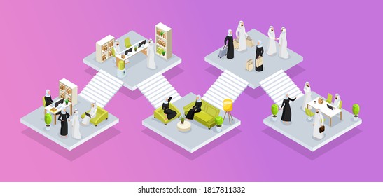 Isometric icons with arab women and arab men. Arab people talking on the phone, Arab businessmen, women dining. Saudi people in workplaces isolated vector illustration