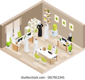 Isometric icons with arab women and arab men. Arab people talking on the phone, Arab businessmen, women dining. Saudi people in workplaces isolated vector illustration