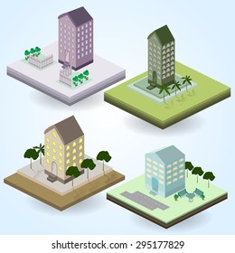Isometric icons, city building, structure, trees, palms, isolated.