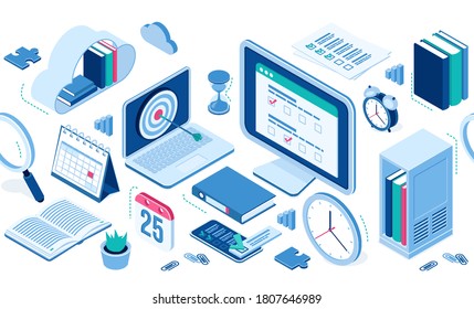 Isometric icons cloud with books, computer and smartphone, office supplies, alarm clock and table calendar, folder with files, clips. Infographics elements for web site design, 3d vector isolated set